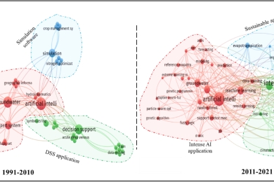 Review of artificial intelligence and internet of things technologies in land and water management research during 1991-2021: A bibliometric analysis